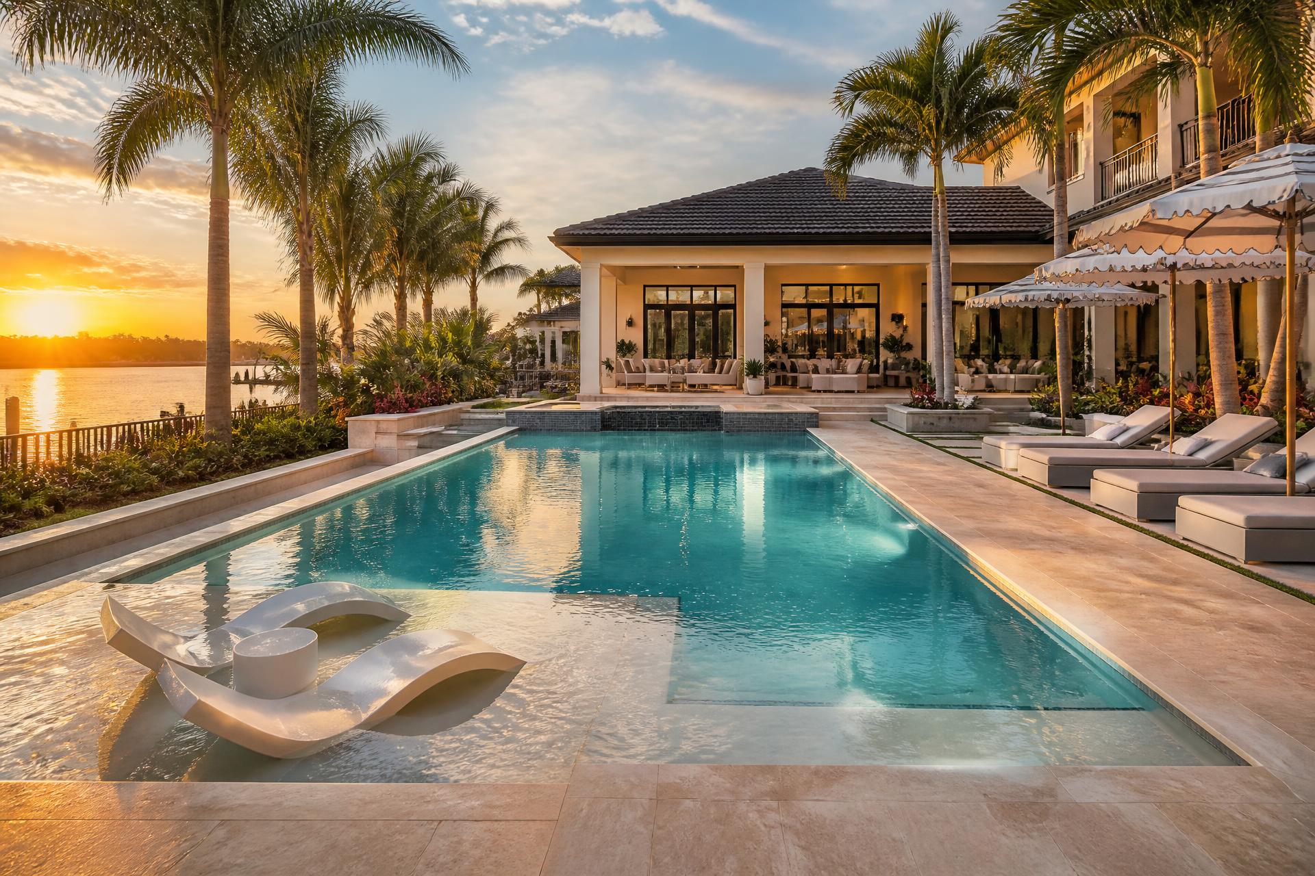 Luxury Florida backyard swimming pool at sunset
